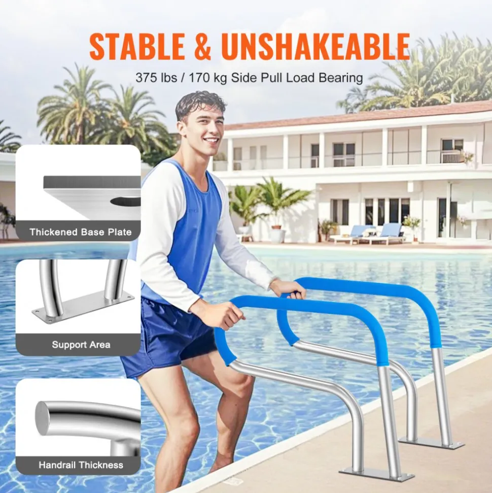 VEVOR Pool Handrail, 32 x 23 inch Pool Railing, Stainless Steel with Base Plate for Indoor/Outdoor Pools,Swimming Pool Safety Railing for Decks,Rust-Proof Grab Bar w/ Grip Cover&Accessories for Spas