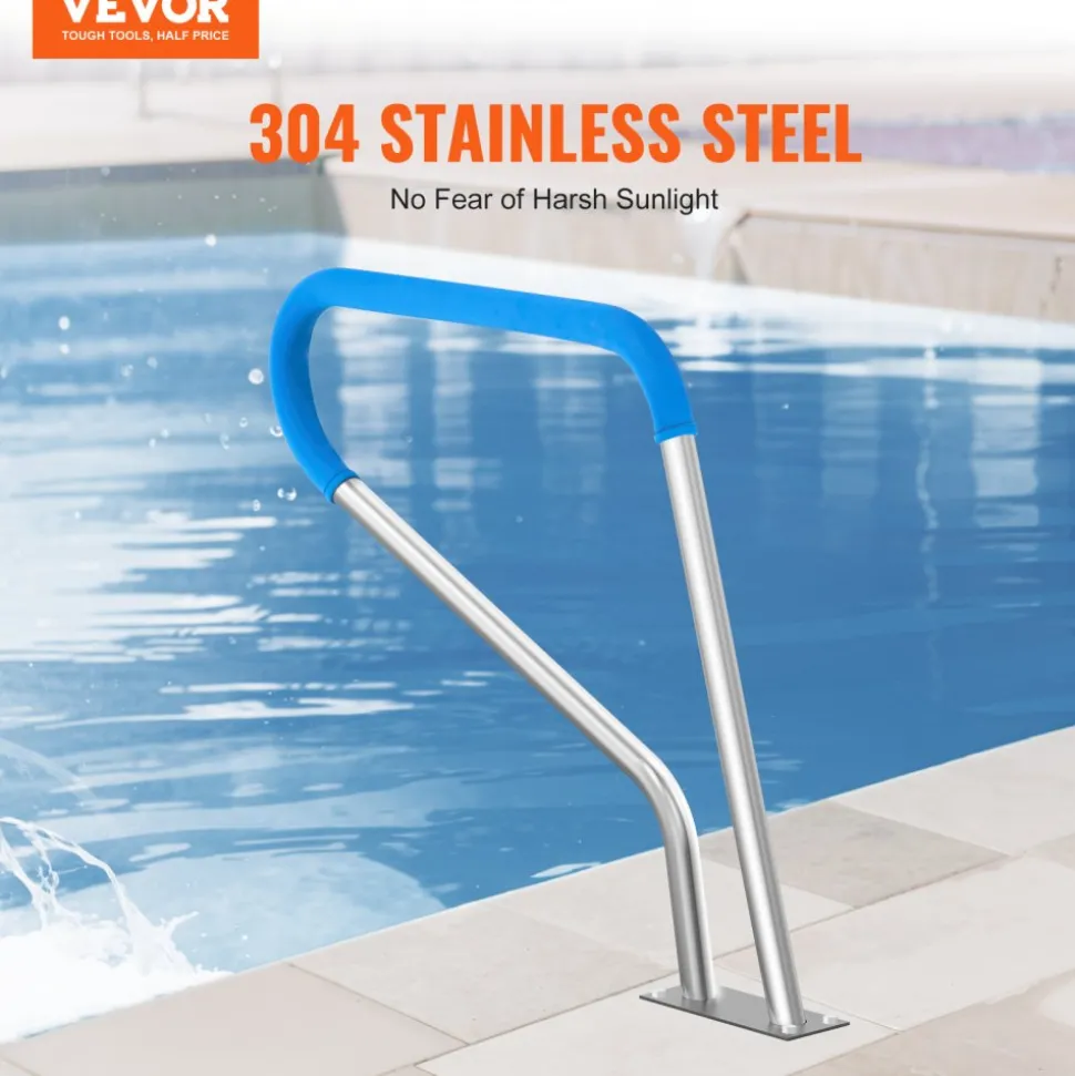 VEVOR Pool Handrail, 39 x 32 inch Pool Railing, Stainless Steel with Base Plate for Indoor/Outdoor Pools,Swimming Pool Safety Railing for Decks,Rust-Proof Grab Bar w/ Grip Cover&Accessories for Spas