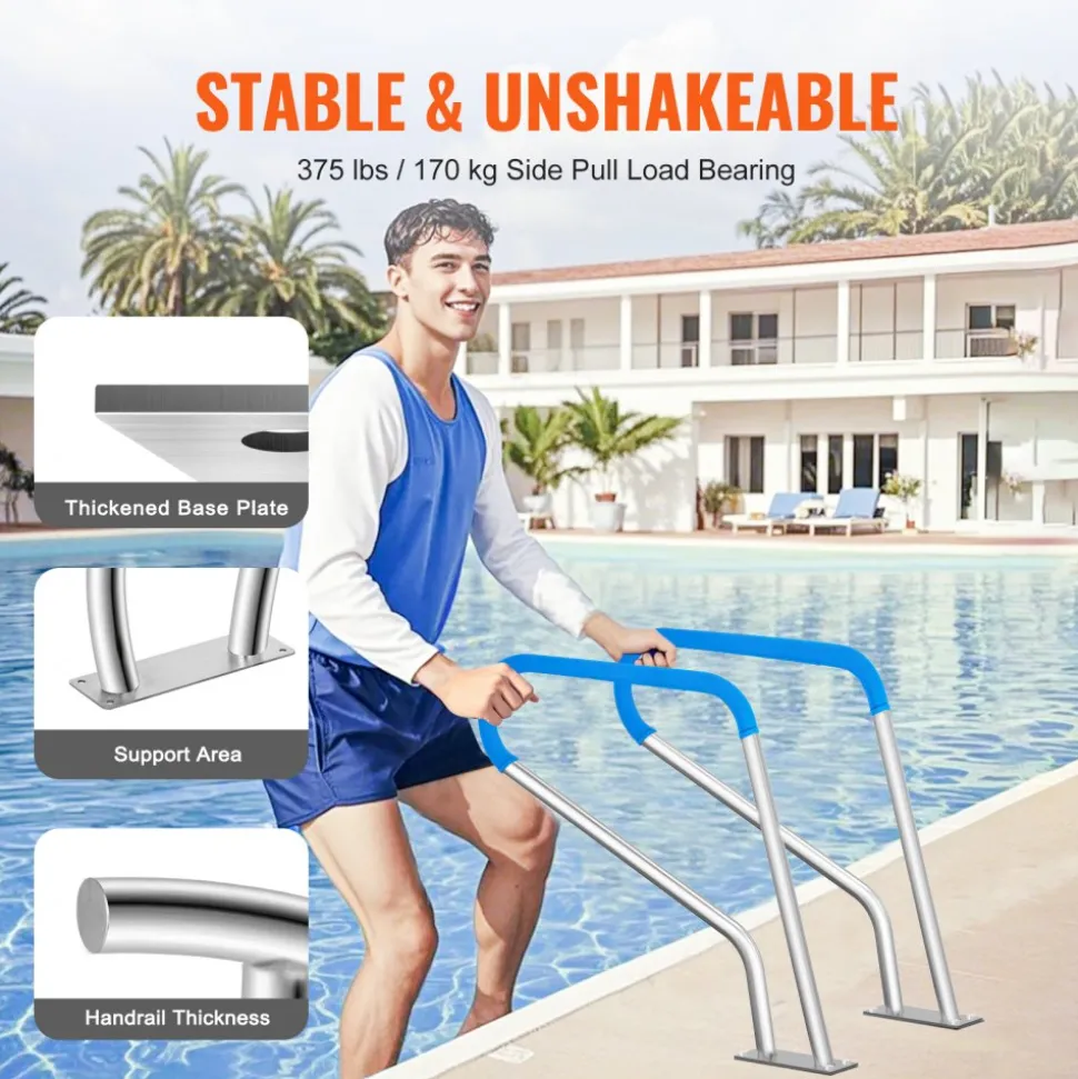 VEVOR Pool Handrail, 39 x 32 inch Pool Railing, Stainless Steel with Base Plate for Indoor/Outdoor Pools,Swimming Pool Safety Railing for Decks,Rust-Proof Grab Bar w/ Grip Cover&Accessories for Spas
