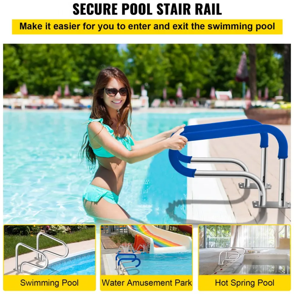 VEVOR Pool Handrail, 32 x 22.5 Swimming Pool Stair Rail, 304 Stainless Steel Stair Pool Hand Rail Rated 375lbs Load Capacity, Pool Rail with Quick Mount Base Plate, and Complete Mounting Accessories