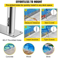 VEVOR Pool Handrail, 32 x 22.5 Swimming Pool Stair Rail, 304 Stainless Steel Stair Pool Hand Rail Rated 375lbs Load Capacity, Pool Rail with Quick Mount Base Plate, and Complete Mounting Accessories