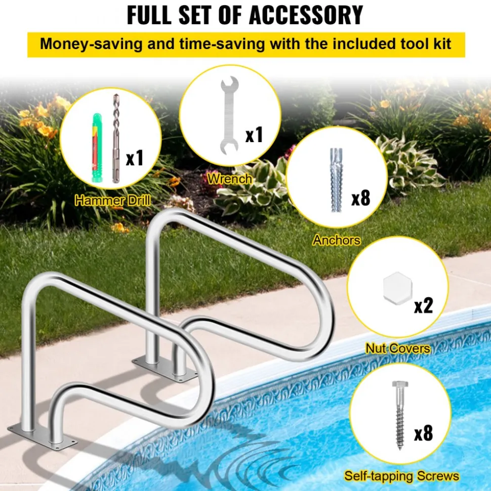 VEVOR Pool Handrail, 32 x 22.5 Swimming Pool Stair Rail, 304 Stainless Steel Stair Pool Hand Rail Rated 375lbs Load Capacity, Pool Rail with Quick Mount Base Plate, and Complete Mounting Accessories