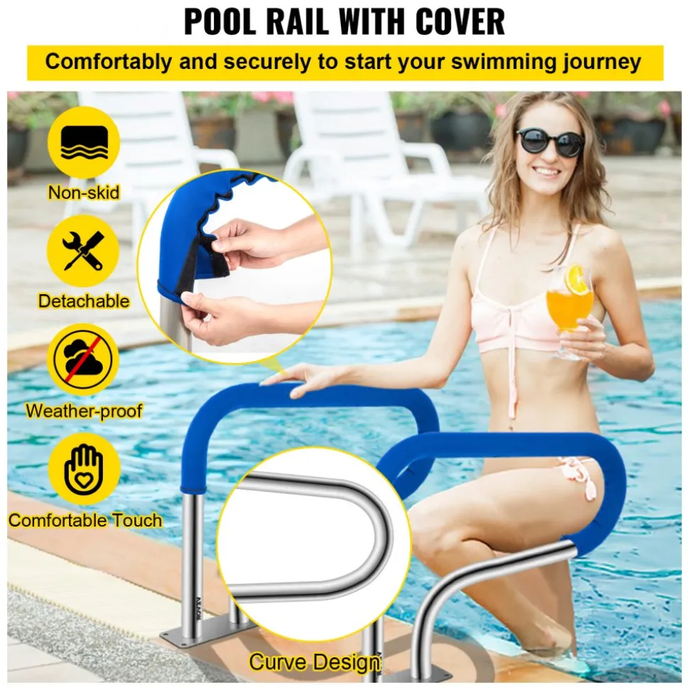 VEVOR Pool Handrail, 32 x 22.5 Swimming Pool Stair Rail, 304 Stainless Steel Stair Pool Hand Rail Rated 375lbs Load Capacity, Pool Rail with Quick Mount Base Plate, and Complete Mounting Accessories