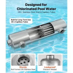 VEVOR Pool Heat Exchanger, 600K BTU Swimming Pool Heater Exchanger, 316L Stainless Steel Construction, High Efficiency Water to Water Transfer Heating System for Spa, Hot Tub, Indoor/Outdoor, Silver