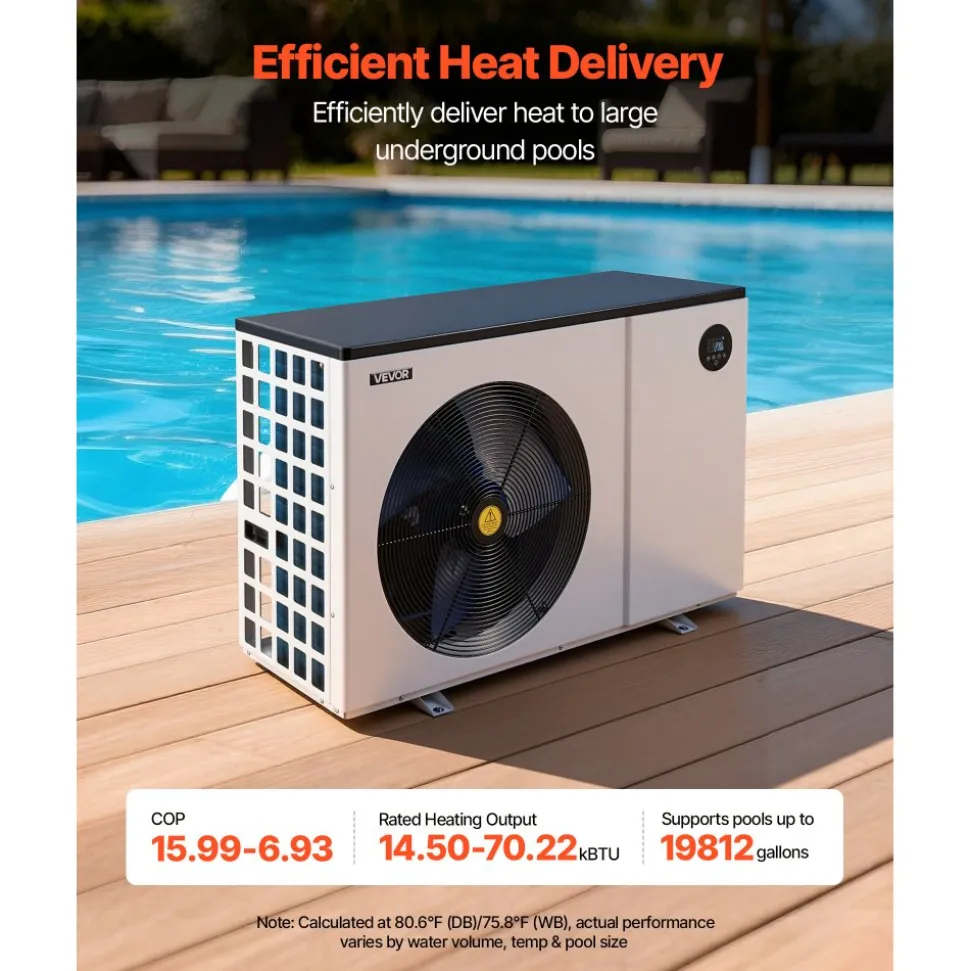 VEVOR Pool Heat Pump Max 70730 BTU, Electric Pool Heater for Above & In-Ground Up to 19812 Gallons, All-DC Inverter Technology, WiFi & App Remote Control, Multiple Protection for Swimming Party