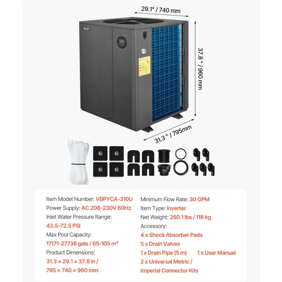 VEVOR Pool Heat Pump Max 104790 BTU, Electric Pool Heater for In-Ground Up to 27738 Gallons, All-DC Inverter Technology, WiFi & App Remote Control, Multiple Protection for Swimming Parties