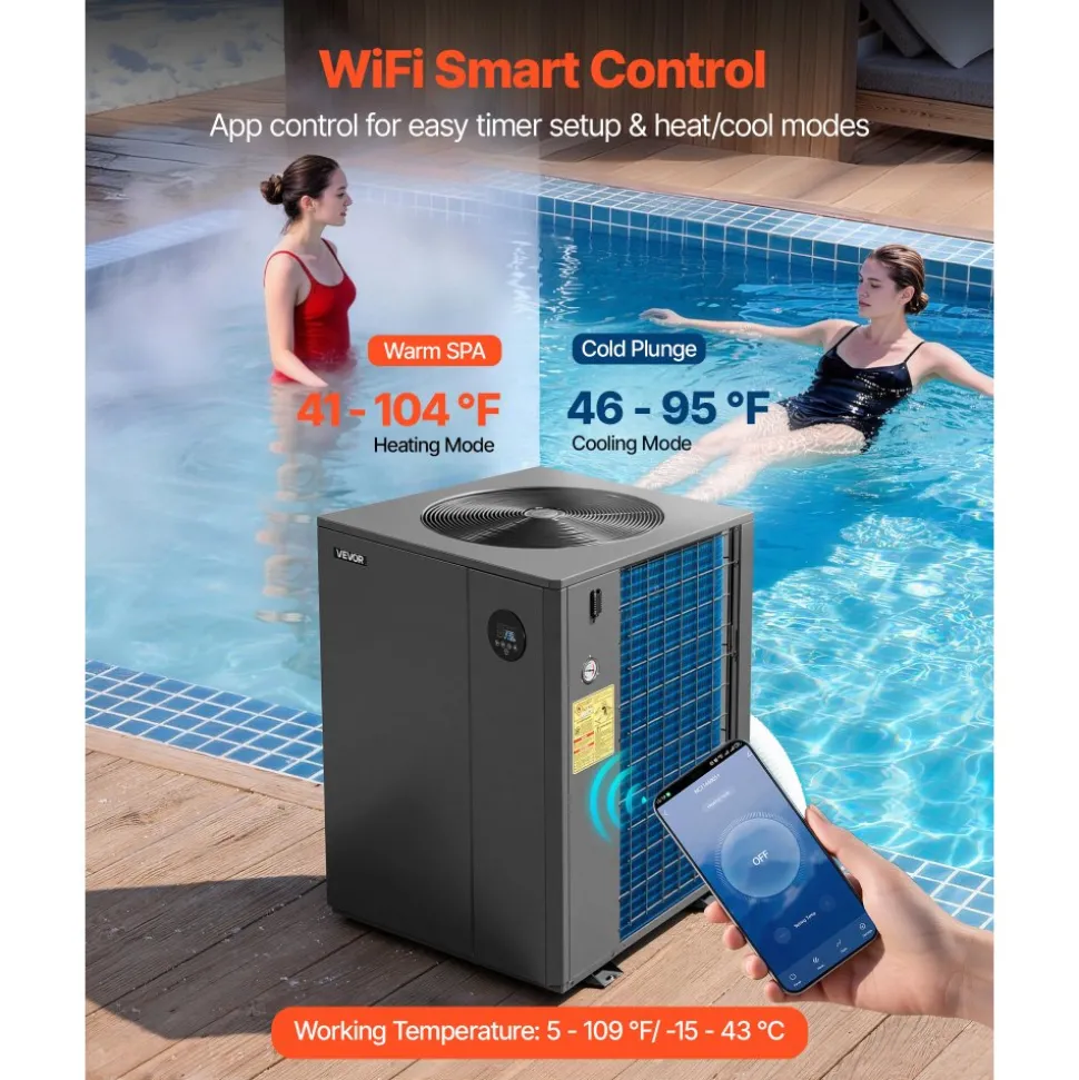VEVOR Pool Heat Pump Max 104790 BTU, Electric Pool Heater for In-Ground Up to 27738 Gallons, All-DC Inverter Technology, WiFi & App Remote Control, Multiple Protection for Swimming Parties