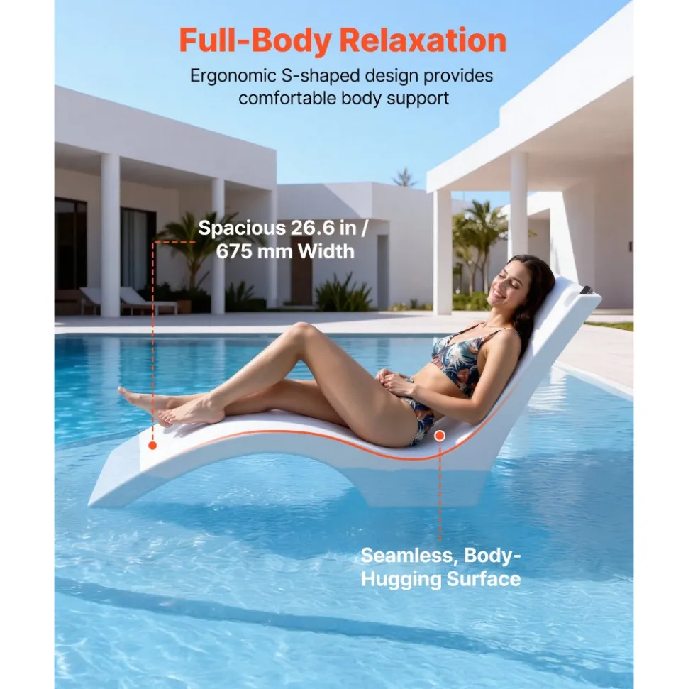 VEVOR Pool Lounge Chairs, Set of 2 Chaise Lounger, Water Weighted In-Pool Lounger Chairs for up to 9" Water Depths, Anti-Floating Patio Furniture with Cup Phone Holders for Sun Shelf & Tanning Ledge
