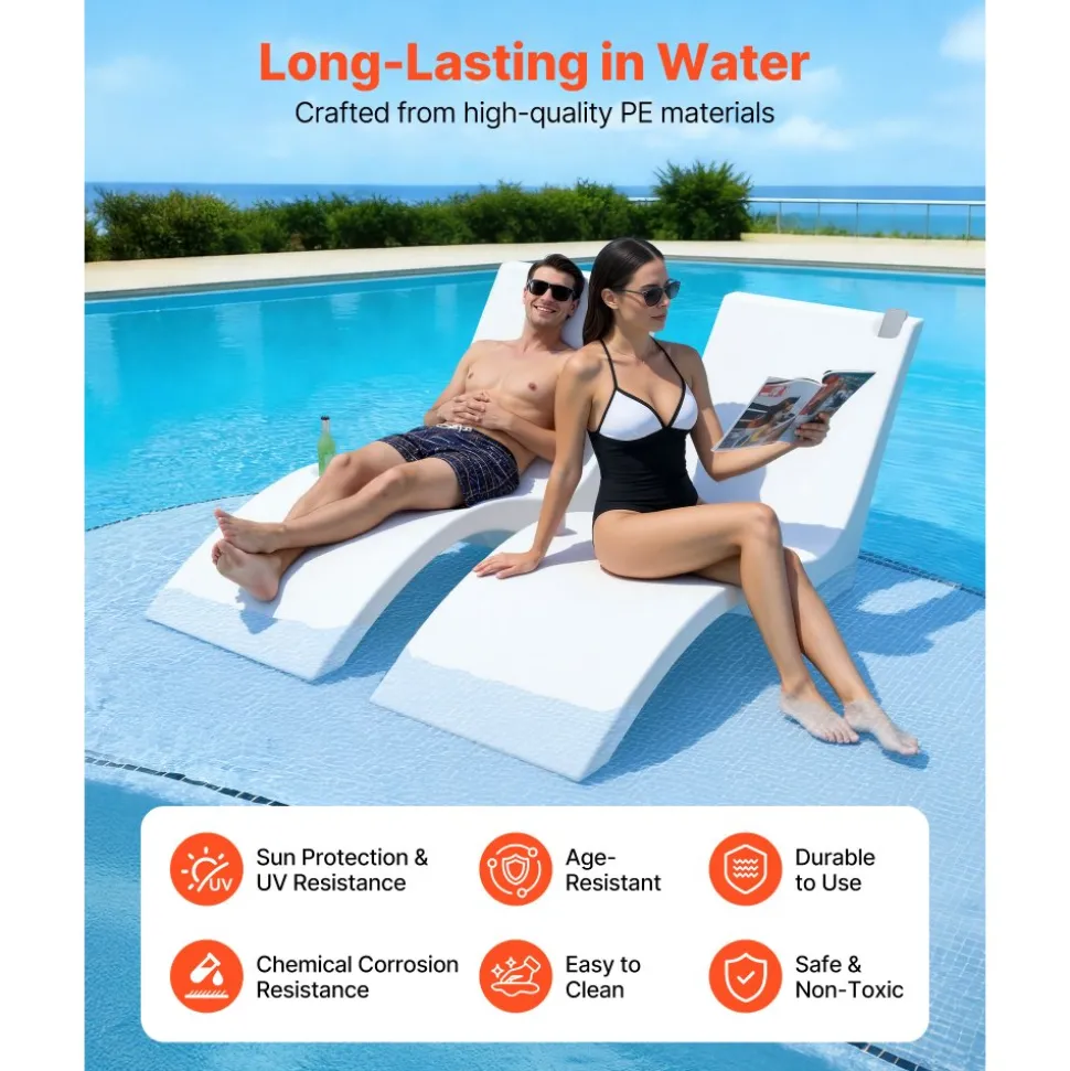 VEVOR Pool Lounge Chairs, Set of 2 Chaise Lounger, Water Weighted In-Pool Lounger Chairs for up to 9" Water Depths, Anti-Floating Patio Furniture with Cup Phone Holders for Sun Shelf & Tanning Ledge