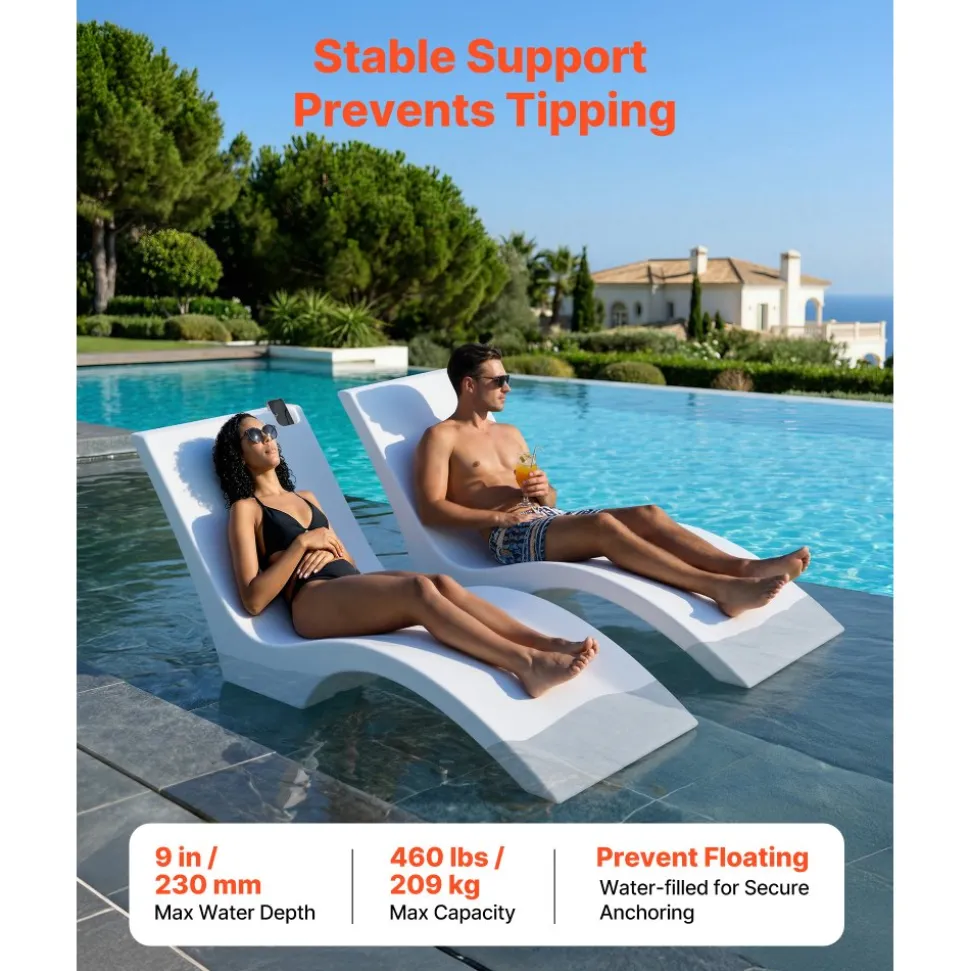 VEVOR Pool Lounge Chairs, Set of 2 Chaise Lounger, Water Weighted In-Pool Lounger Chairs for up to 9" Water Depths, Anti-Floating Patio Furniture with Cup Phone Holders for Sun Shelf & Tanning Ledge