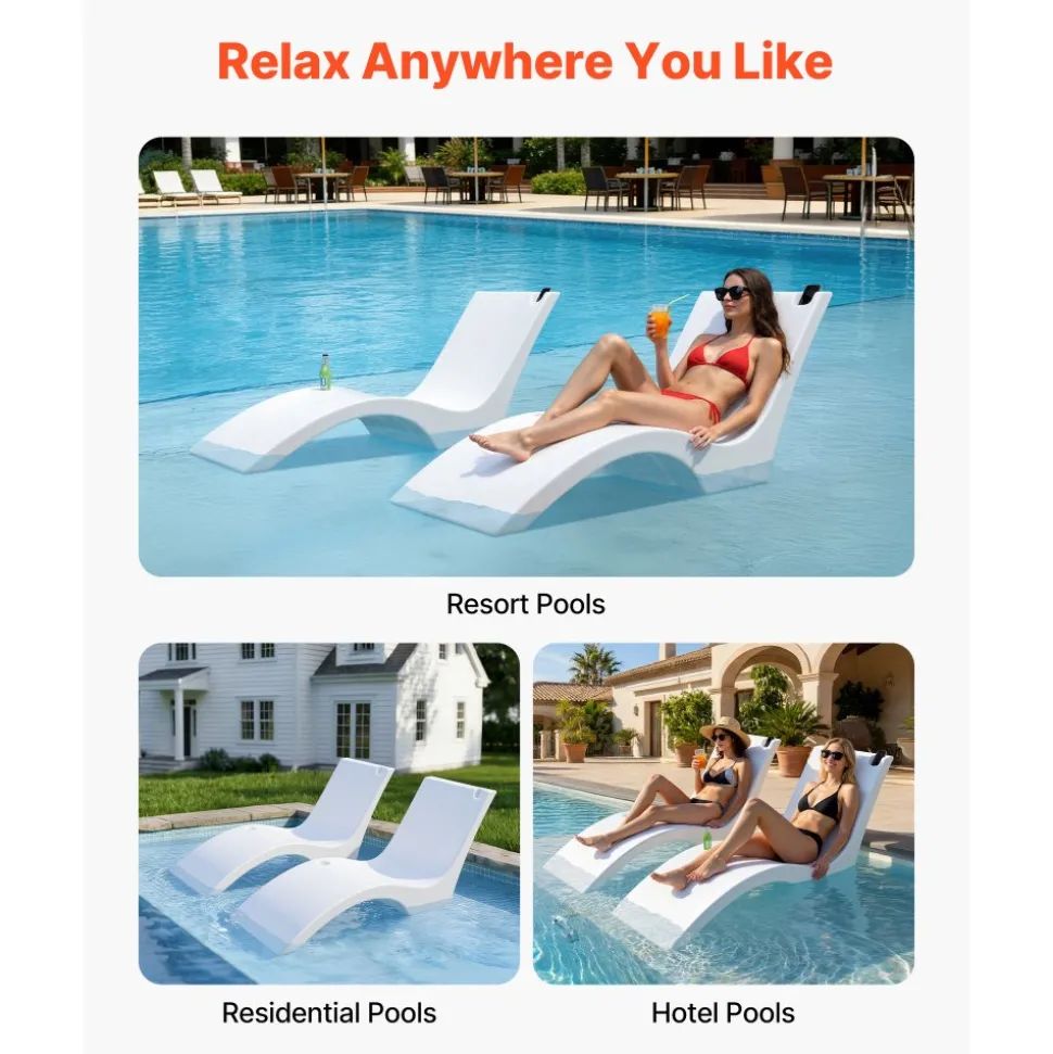 VEVOR Pool Lounge Chairs, Set of 2 Chaise Lounger, Water Weighted In-Pool Lounger Chairs for up to 9" Water Depths, Anti-Floating Patio Furniture with Cup Phone Holders for Sun Shelf & Tanning Ledge