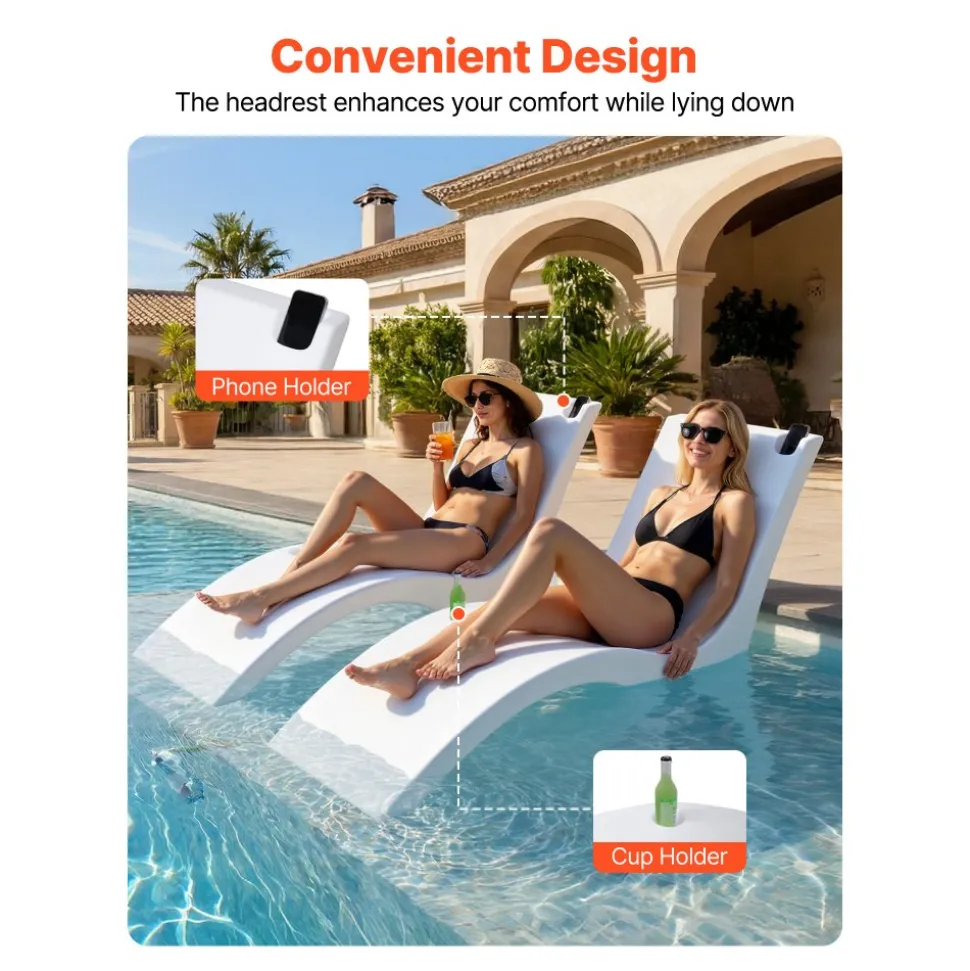 VEVOR Pool Lounge Chairs, Set of 2 Chaise Lounger, Water Weighted In-Pool Lounger Chairs for up to 9" Water Depths, Anti-Floating Patio Furniture with Cup Phone Holders for Sun Shelf & Tanning Ledge