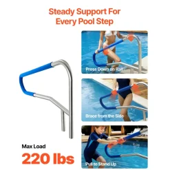 VEVOR Pool Rail, 54 x 32 inch Pool Handrail, 220 lbs Load Capacity Heavy Duty 304 Stainless Steel Swimming Handrail, Detachable Nonslip Sleeve, Recessed or Base Mount, for Poolside, Water Parks