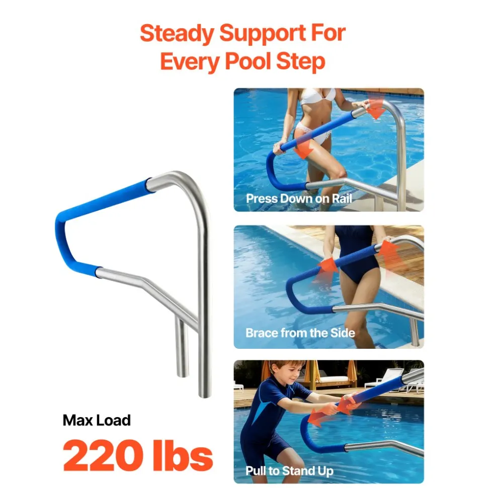 VEVOR Pool Rail, 54 x 32 inch Pool Handrail, 220 lbs Load Capacity Heavy Duty 304 Stainless Steel Swimming Handrail, Detachable Nonslip Sleeve, Recessed or Base Mount, for Poolside, Water Parks