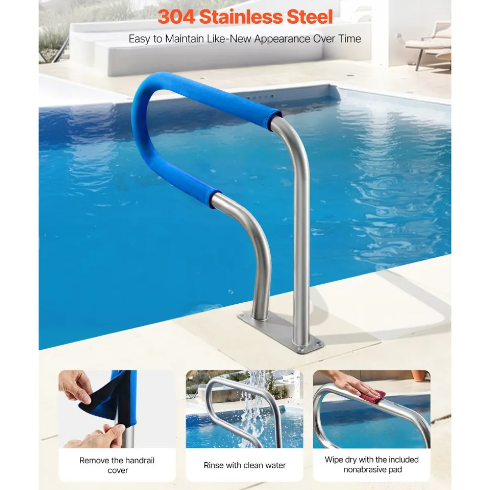 VEVOR Pool Rail, 31 x 22 inch Pool Handrail, 220 lbs Load Capacity Heavy Duty 304 Stainless Steel Swimming Handrail, Detachable Nonslip Sleeve, Rich Accessories, for Poolside, Water Parks, Spa Centers