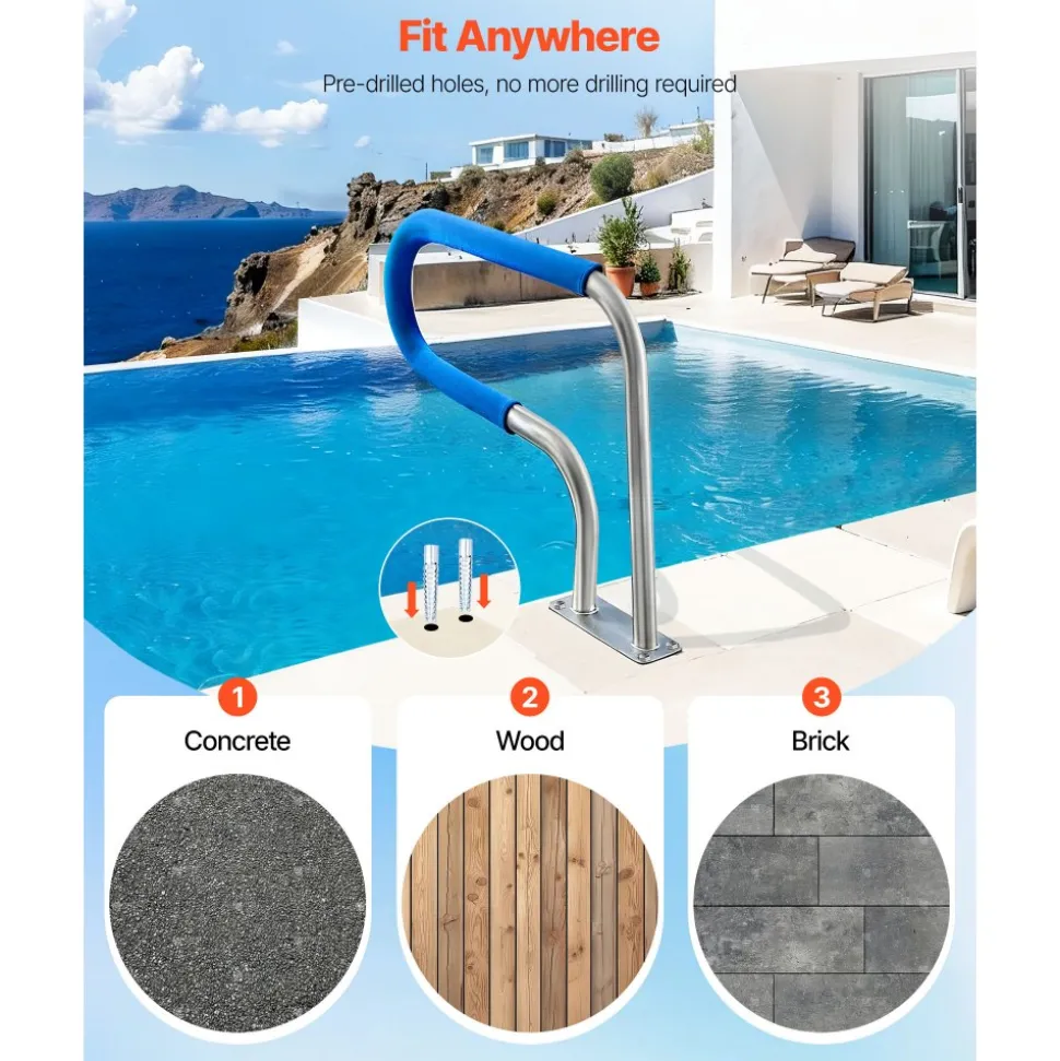 VEVOR Pool Rail, 31 x 22 inch Pool Handrail, 220 lbs Load Capacity Heavy Duty 304 Stainless Steel Swimming Handrail, Detachable Nonslip Sleeve, Rich Accessories, for Poolside, Water Parks, Spa Centers
