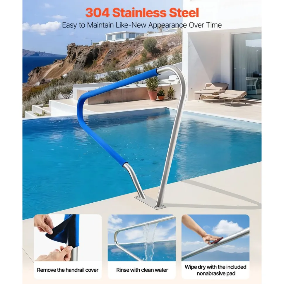VEVOR Pool Rail, 48 x 36 inch Pool Handrail, 220 lbs Load Capacity Heavy Duty 304 Stainless Steel Swimming Handrail, Detachable Nonslip Sleeve, Rich Accessories, for Poolside, Water Parks, Spa Centers