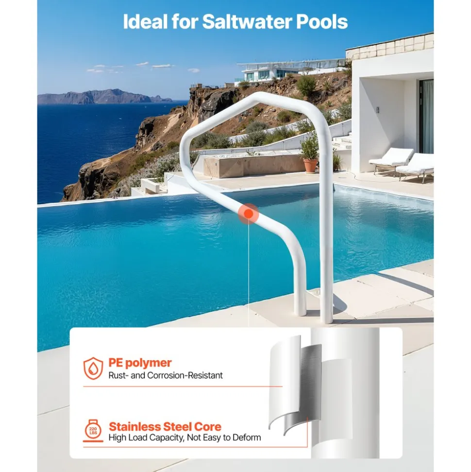 VEVOR Pool Rail, 48 x 32 inch Pool Handrail, 220 lbs Load Capacity Heavy Duty Stainless Steel Swimming Handrail, Seamless Welding, Recessed or Base Mount, for Poolside, Water Parks, Spa Centers
