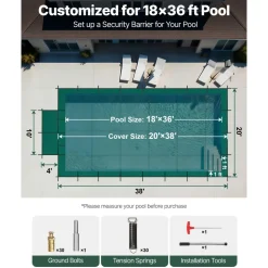 VEVOR Pool Safety Cover Fits 18x36ft Rectangle Inground Pools, Safety Pool Cover with 4x10ft Center End Step, Mesh Solid Pool Cover with Drainage Holes for Swimming Pool, Winter Safety Cover, Green