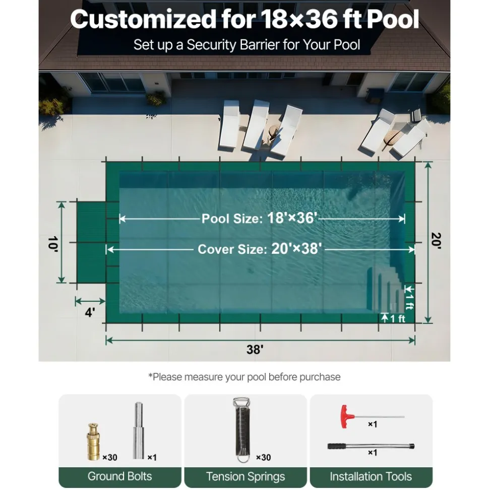 VEVOR Pool Safety Cover Fits 18x36ft Rectangle Inground Pools, Safety Pool Cover with 4x10ft Center End Step, Mesh Solid Pool Cover with Drainage Holes for Swimming Pool, Winter Safety Cover, Green
