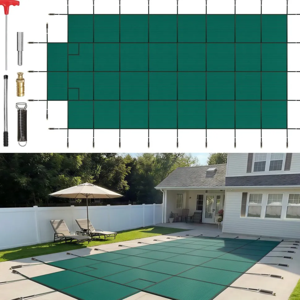 VEVOR Pool Safety Cover Fits 18x36ft Rectangle Inground Pools, Safety Pool Cover with 4x10ft Center End Step, Mesh Solid Pool Cover with Drainage Holes for Swimming Pool, Winter Safety Cover, Green