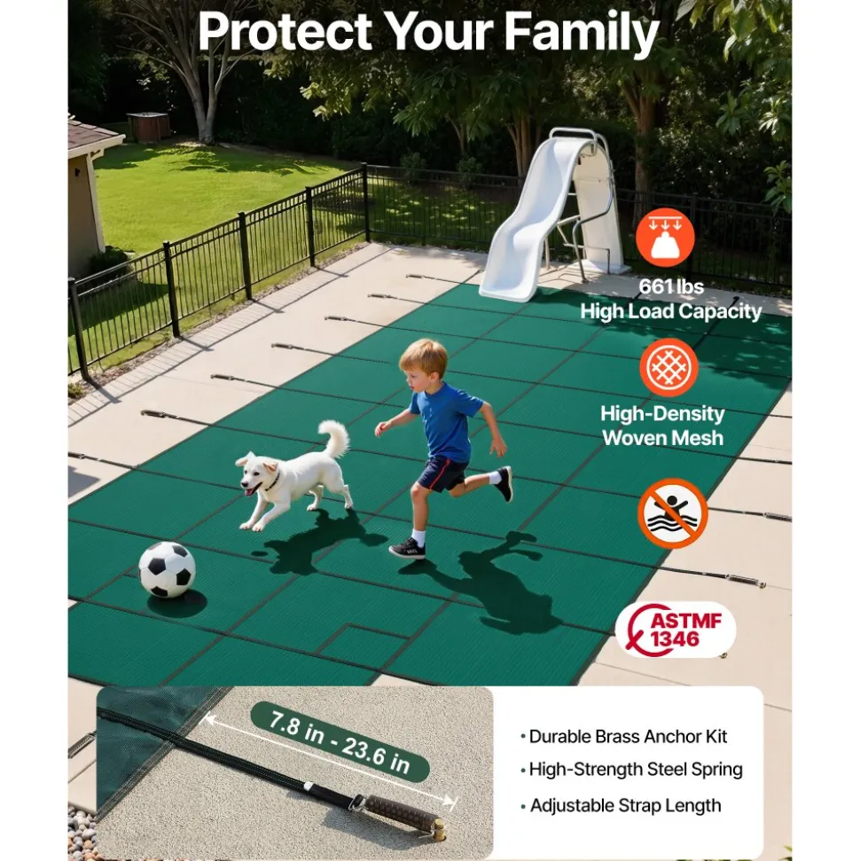 VEVOR Pool Safety Cover Fits 18x36ft Rectangle Inground Pools, Safety Pool Cover with 4x10ft Center End Step, Mesh Solid Pool Cover with Drainage Holes for Swimming Pool, Winter Safety Cover, Green