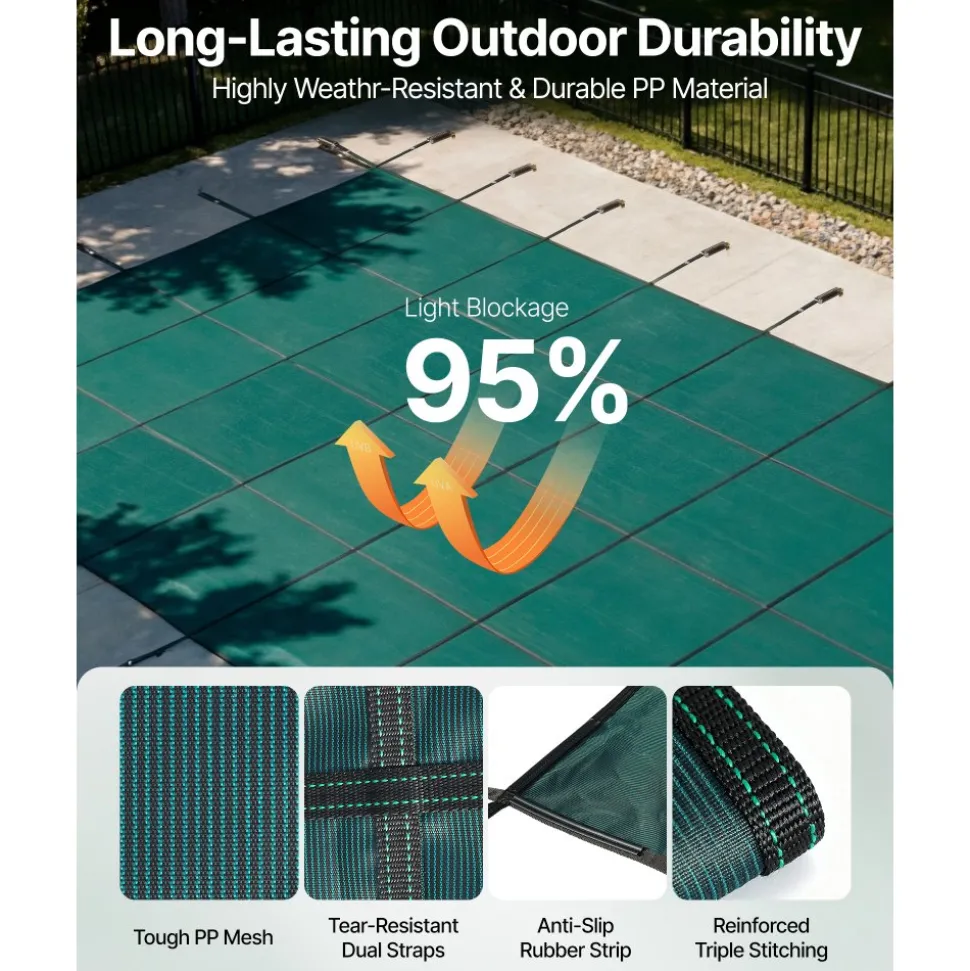 VEVOR Pool Safety Cover Fits 20x40ft Rectangle Inground Pools, Safety Pool Cover with 4x10ft Center End Step, Mesh Solid Pool Cover with Drainage Holes for Swimming Pool, Winter Safety Cover, Green