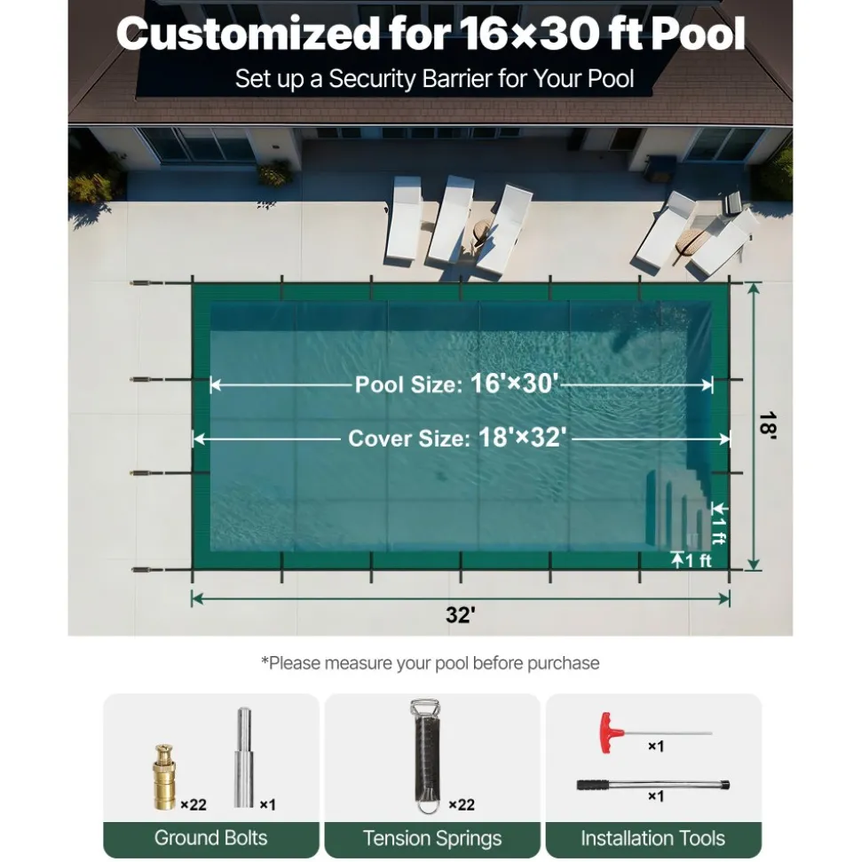 VEVOR Pool Safety Cover Fits 16x30ft Rectangle Inground Pools, Safety Pool Cover with Drainage Holes, Mesh Solid Pool Cover for Swimming Pool, Winter Safety Cover, Green