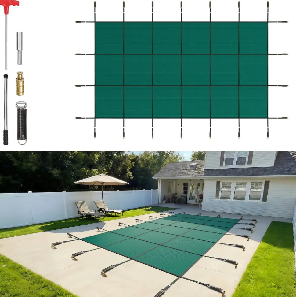 VEVOR Pool Safety Cover Fits 16x30ft Rectangle Inground Pools, Safety Pool Cover with Drainage Holes, Mesh Solid Pool Cover for Swimming Pool, Winter Safety Cover, Green