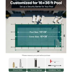VEVOR Pool Safety Cover Fits 16x36ft Rectangle Inground Pools, Safety Pool Cover with Drainage Holes, Mesh Solid Pool Cover for Swimming Pool, Winter Safety Cover, Green