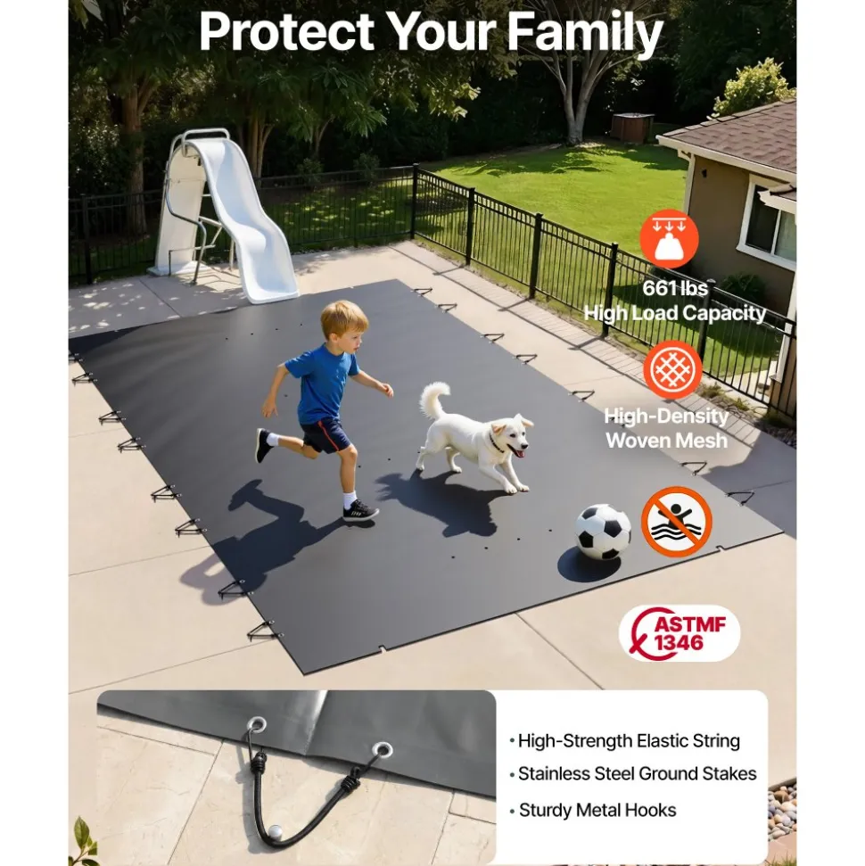VEVOR Pool Safety Cover Fits 10.5x18.6ft Rectangle Inground Pools, Safety Pool Cover with Drainage Holes, Mesh Pool Cover for Swimming Pool, PVC Winter Safety Cover, Dark Grey