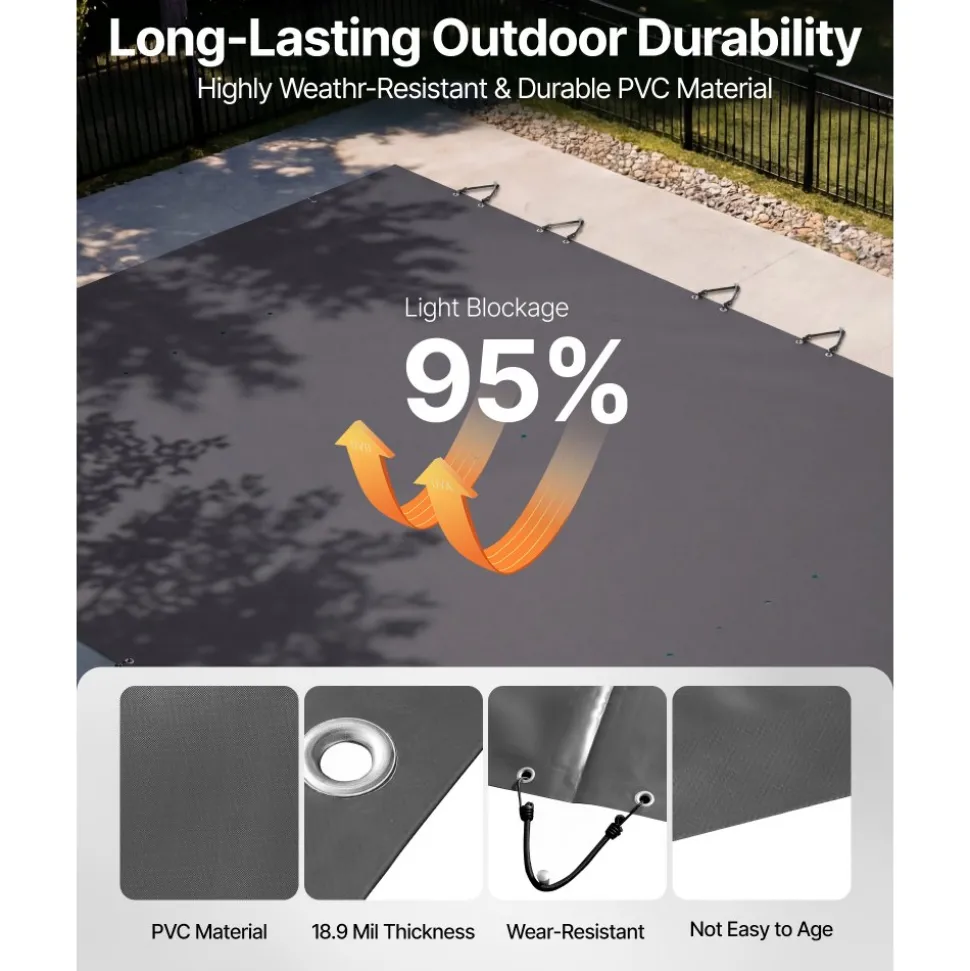VEVOR Pool Safety Cover Fits 10.5x18.6ft Rectangle Inground Pools, Safety Pool Cover with Drainage Holes, Mesh Pool Cover for Swimming Pool, PVC Winter Safety Cover, Dark Grey