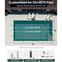 VEVOR Pool Safety Cover Fits 20x40ft Rectangle Inground Pools, Safety Pool Cover with Drainage Holes, Mesh Solid Pool Cover for Swimming Pool, Winter Safety Cover, Green