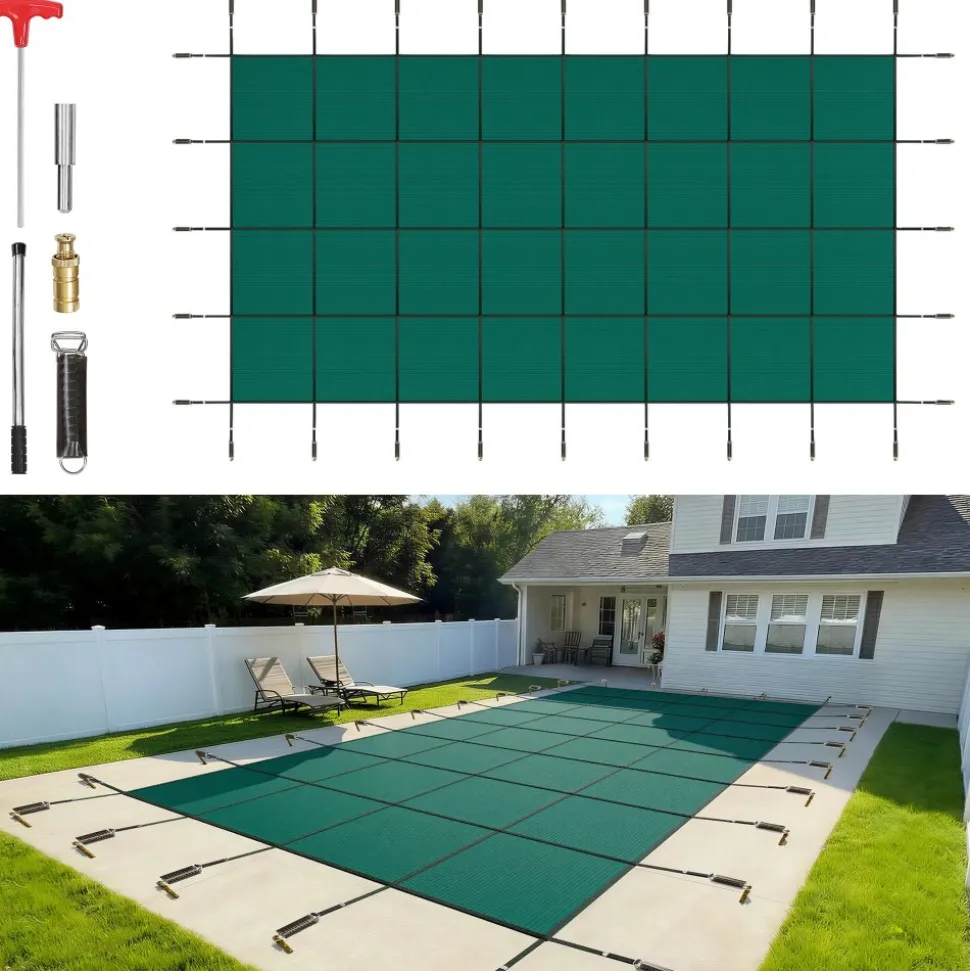 VEVOR Pool Safety Cover Fits 20x40ft Rectangle Inground Pools, Safety Pool Cover with Drainage Holes, Mesh Solid Pool Cover for Swimming Pool, Winter Safety Cover, Green