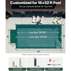 VEVOR Pool Safety Cover Fits 16x32ft Rectangle Inground Pools, Safety Pool Cover with 4x10ft Center End Step, Mesh Solid Pool Cover with Drainage Holes for Swimming Pool, Winter Safety Cover, Green