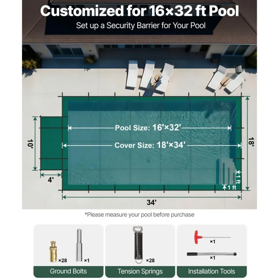VEVOR Pool Safety Cover Fits 16x32ft Rectangle Inground Pools, Safety Pool Cover with 4x10ft Center End Step, Mesh Solid Pool Cover with Drainage Holes for Swimming Pool, Winter Safety Cover, Green