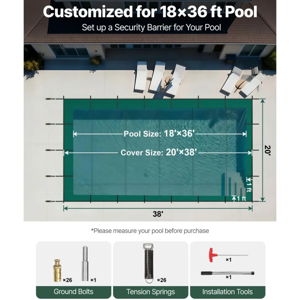 VEVOR Pool Safety Cover Fits 18x36ft Rectangle Inground Pools, Safety Pool Cover with Drainage Holes, Mesh Solid Pool Cover for Swimming Pool, Winter Safety Cover, Green
