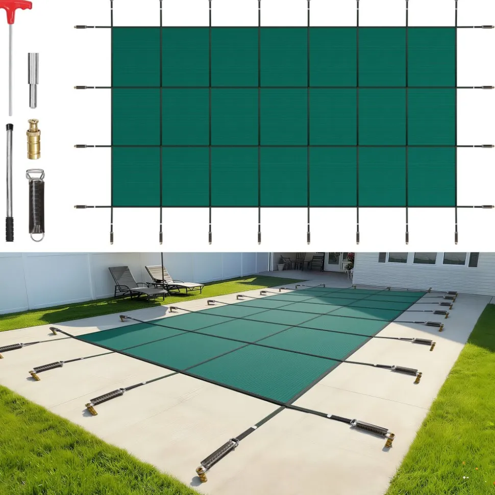 VEVOR Pool Safety Cover Fits 16x32ft Rectangle Inground Pools, Safety Pool Cover with Drainage Holes, Mesh Solid Pool Cover for Swimming Pool, Winter Safety Cover, Green