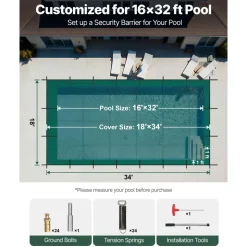 VEVOR Pool Safety Cover Fits 16x32ft Rectangle Inground Pools, Safety Pool Cover with Drainage Holes, Mesh Solid Pool Cover for Swimming Pool, Winter Safety Cover, Green