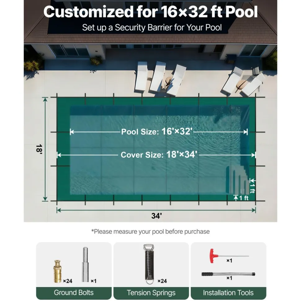 VEVOR Pool Safety Cover Fits 16x32ft Rectangle Inground Pools, Safety Pool Cover with Drainage Holes, Mesh Solid Pool Cover for Swimming Pool, Winter Safety Cover, Green
