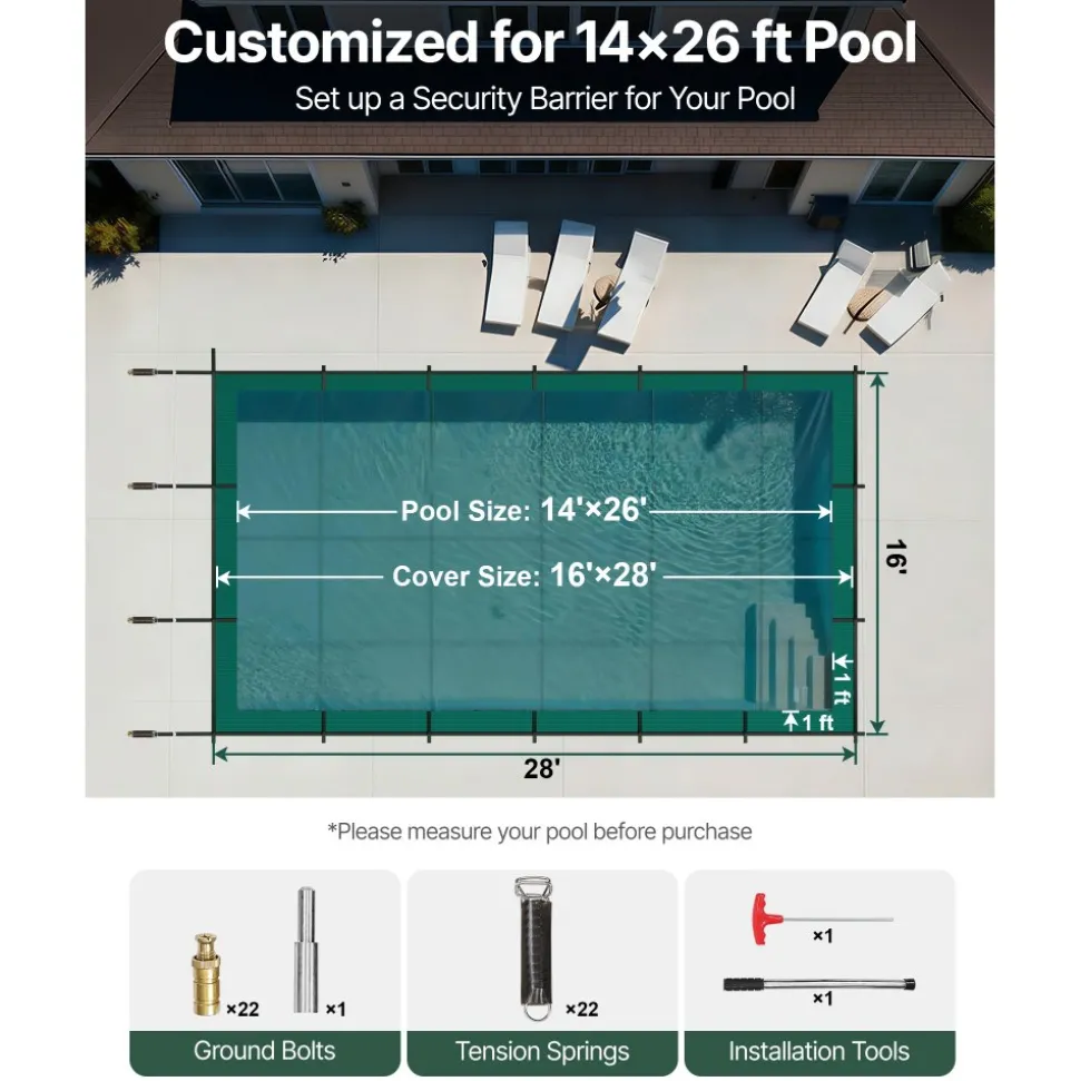 VEVOR Pool Safety Cover Fits 14x26ft Rectangle Inground Pools, Safety Pool Cover with Drainage Holes, Mesh Solid Pool Cover for Swimming Pool, Winter Safety Cover, Green