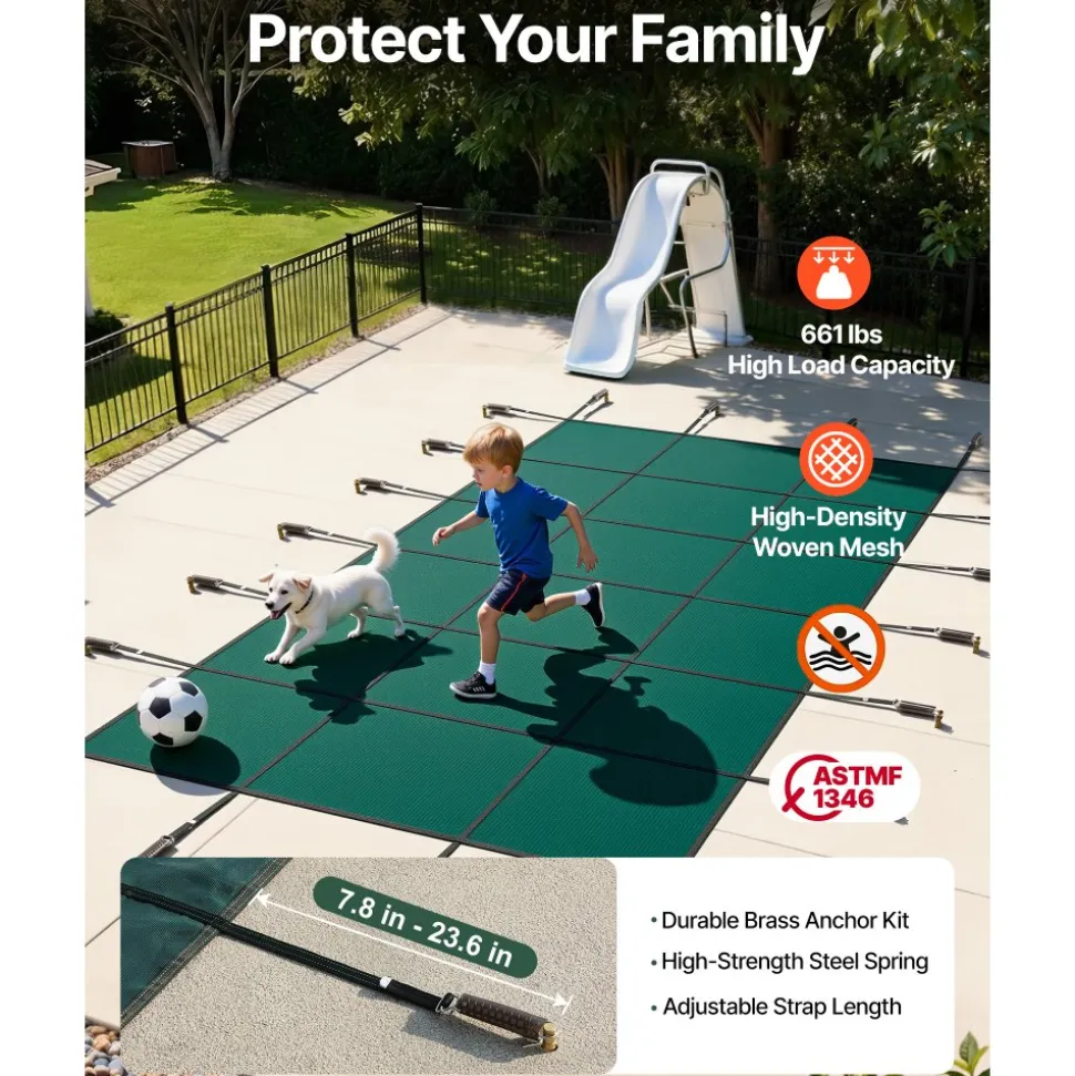 VEVOR Pool Safety Cover Fits 14x26ft Rectangle Inground Pools, Safety Pool Cover with Drainage Holes, Mesh Solid Pool Cover for Swimming Pool, Winter Safety Cover, Green