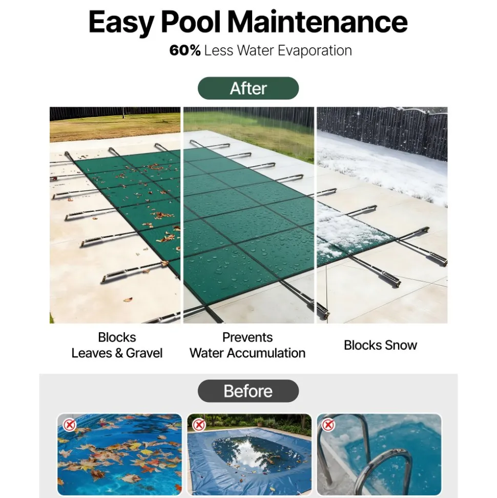 VEVOR Pool Safety Cover Fits 14x26ft Rectangle Inground Pools, Safety Pool Cover with Drainage Holes, Mesh Solid Pool Cover for Swimming Pool, Winter Safety Cover, Green