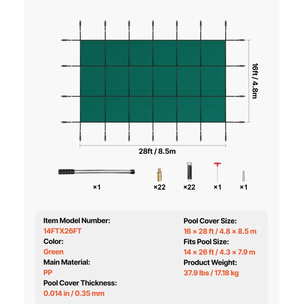 VEVOR Pool Safety Cover Fits 14x26ft Rectangle Inground Pools, Safety Pool Cover with Drainage Holes, Mesh Solid Pool Cover for Swimming Pool, Winter Safety Cover, Green