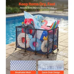 VEVOR Pool Storage Bin, 48.8 x 32.7 x 32.7 in, Rolling Pool Float Storage Organizer with Side Pockets & Casters, Heavy Duty Metal Frame, Poolside Toys Noodles Holder Mesh Basket for Swimming Pools