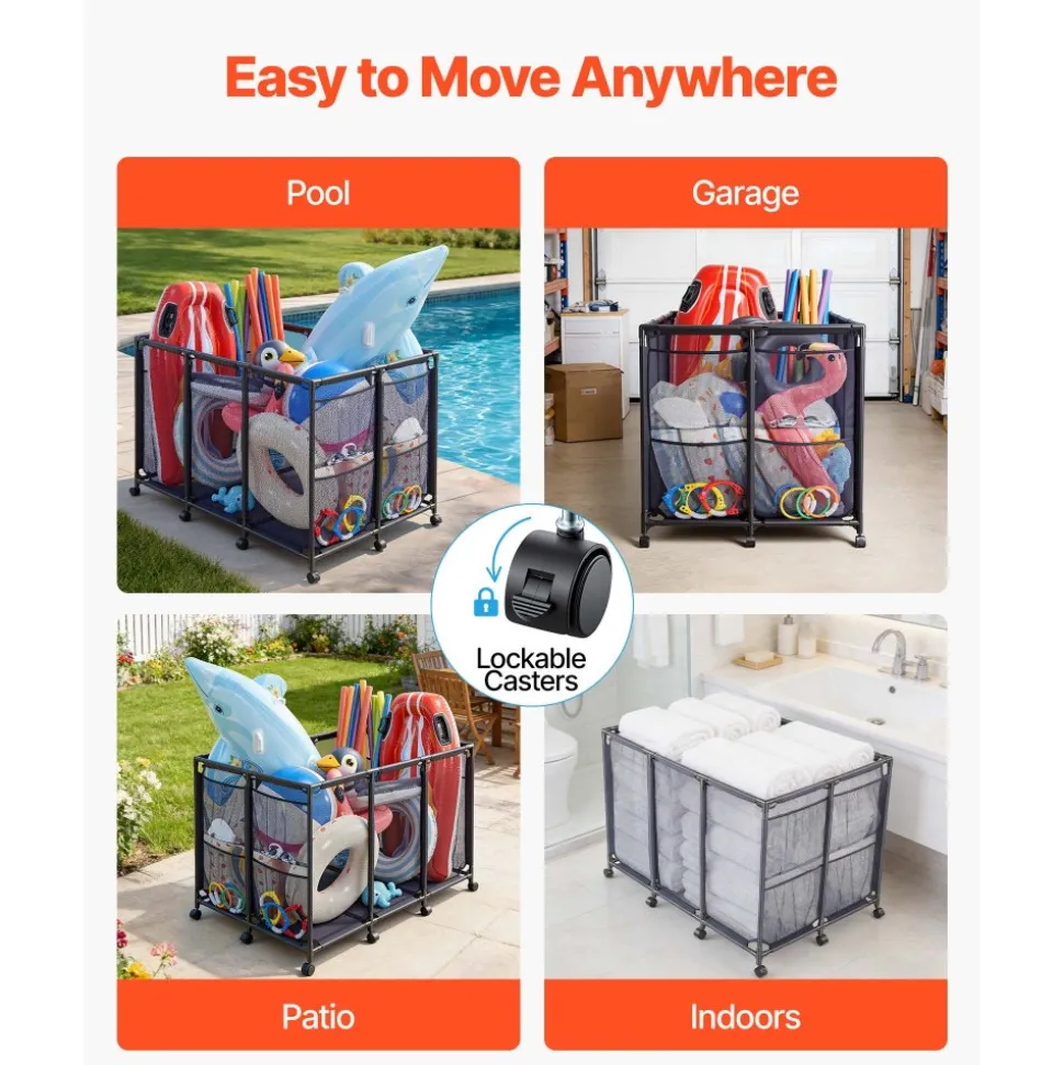 VEVOR Pool Storage Bin, 48.8 x 32.7 x 32.7 in, Rolling Pool Float Storage Organizer with Side Pockets & Casters, Heavy Duty Metal Frame, Poolside Toys Noodles Holder Mesh Basket for Swimming Pools