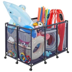 VEVOR Pool Storage Bin, 48.8 x 32.7 x 32.7 in, Rolling Pool Float Storage Organizer with Side Pockets & Casters, Heavy Duty Metal Frame, Poolside Toys Noodles Holder Mesh Basket for Swimming Pools