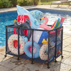 VEVOR Pool Storage Bin, 48.8 x 32.7 x 32.7 in, Rolling Pool Float Storage Organizer with Side Pockets & Casters, Heavy Duty Metal Frame, Poolside Toys Noodles Holder Mesh Basket for Swimming Pools