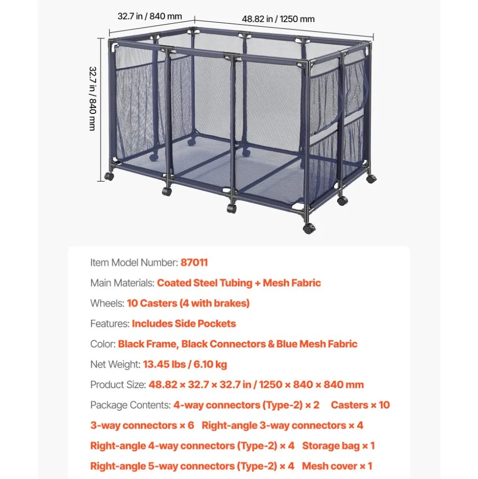 VEVOR Pool Storage Bin, 48.8 x 32.7 x 32.7 in, Rolling Pool Float Storage Organizer with Side Pockets & Casters, Heavy Duty Metal Frame, Poolside Toys Noodles Holder Mesh Basket for Swimming Pools