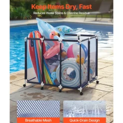 VEVOR Pool Storage Bin, 48 x 33 x 39 in, Rolling Pool Float Storage Organizer with Casters, Durable Plastic Frame, Poolside Toys Noodles Holder, Breathable Mesh Basket for Swimming Pools